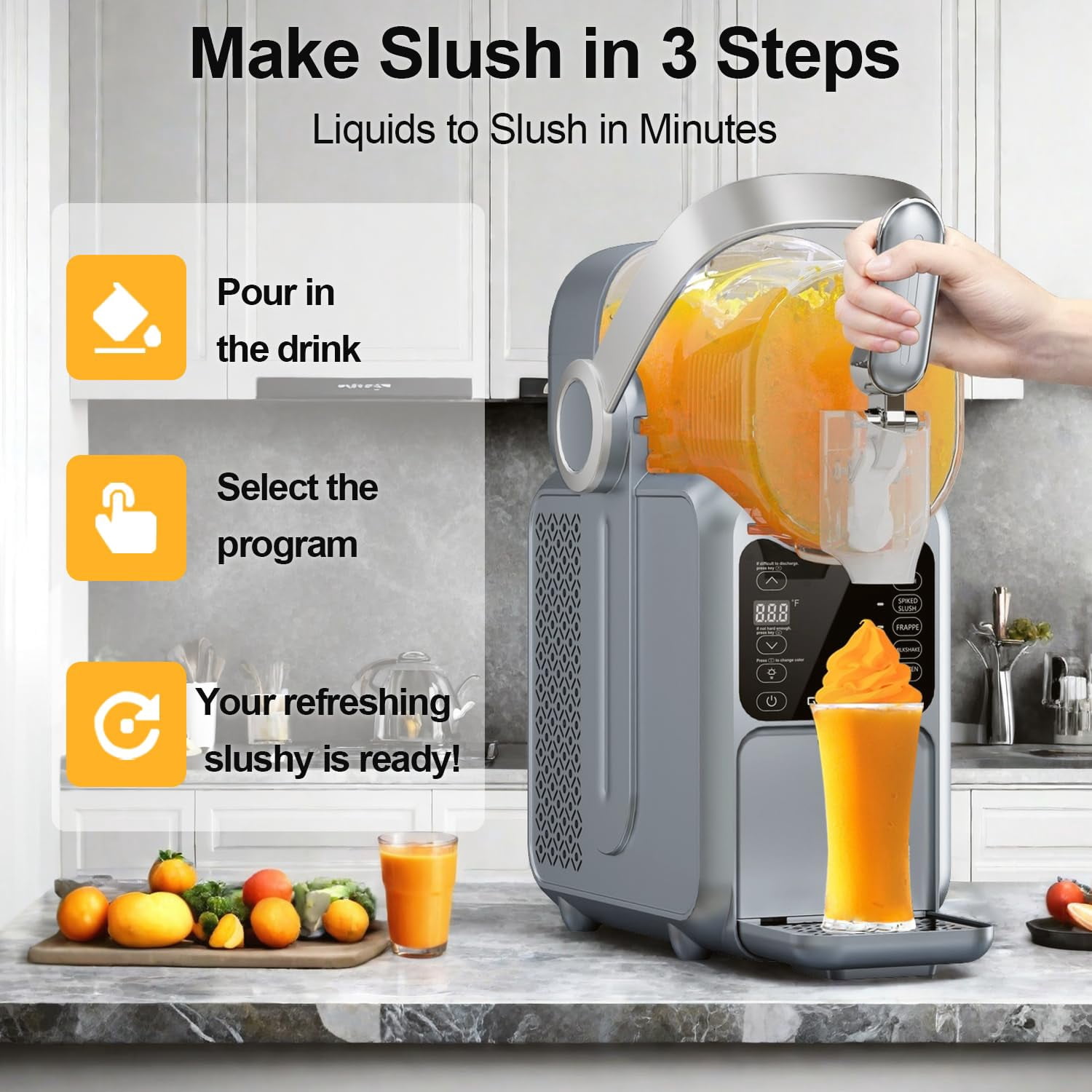 Slushie Machine 101oz No Ice Needed, Slushy Machine for Home with Portable Handle-Gray, Frozen Drink Machine with 5 Preset Programs for Margaritas, Frappés, Milk Shake and More, LED Display