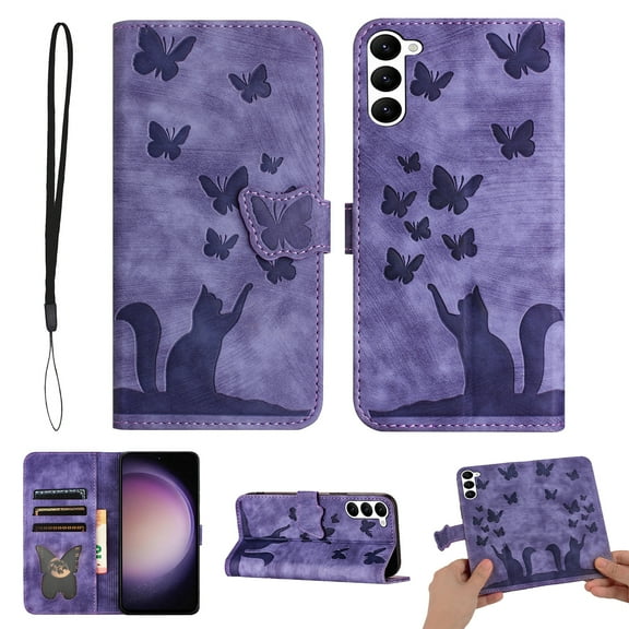 Wallet Case Designed for Samsung Galaxy S23 for Women,Flip Folio Cover with Butterfly Embossed PU Leather Kickstand Credit Card Holder Slots Magnetic Wrist Strap Phone Case, Purple
