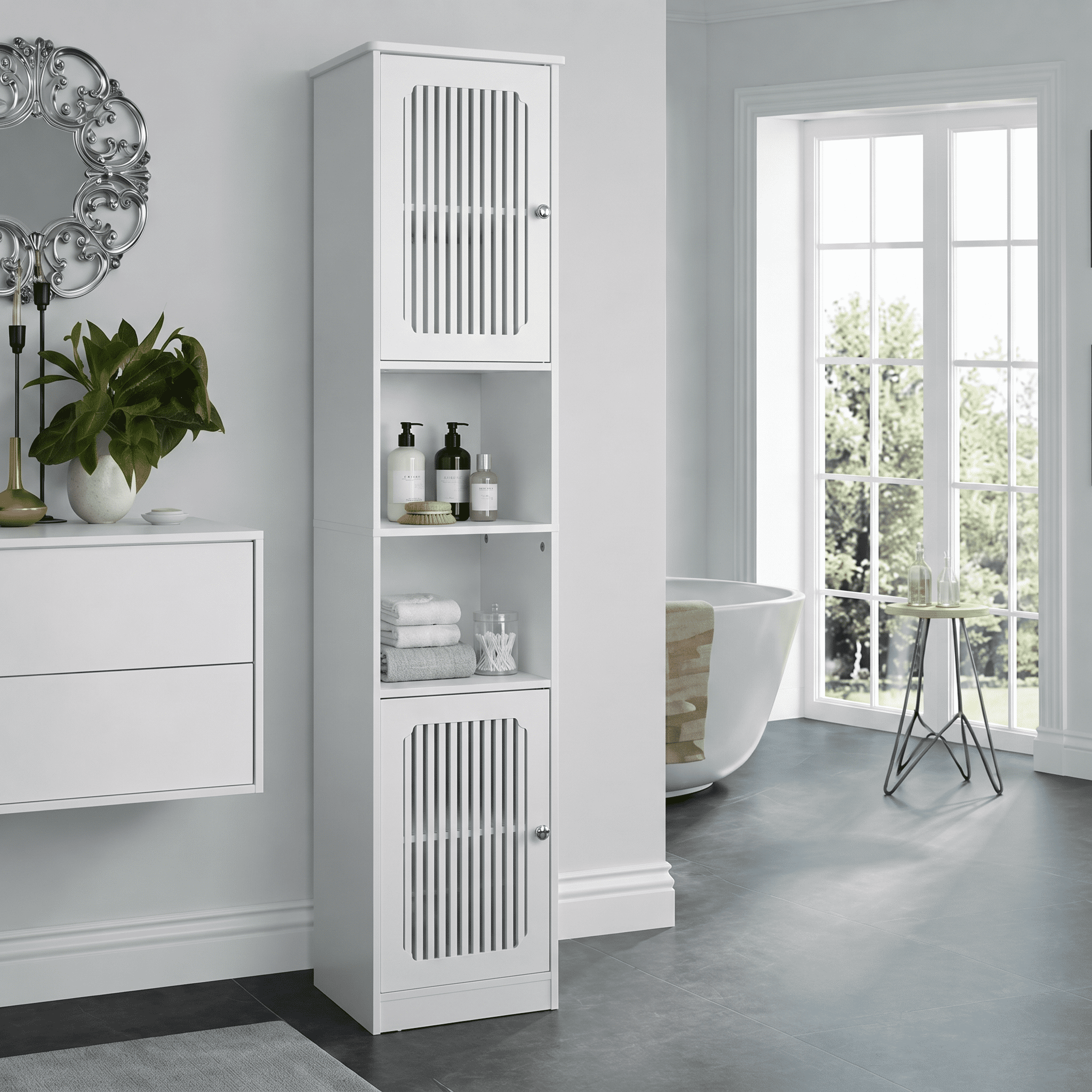 Leumius Bathroom Storage Cabinet,64" Tall Narrow Wooden Bath Cabinet with Adjustable Drawer Shelves,Floor-Standing Storage Unit,White