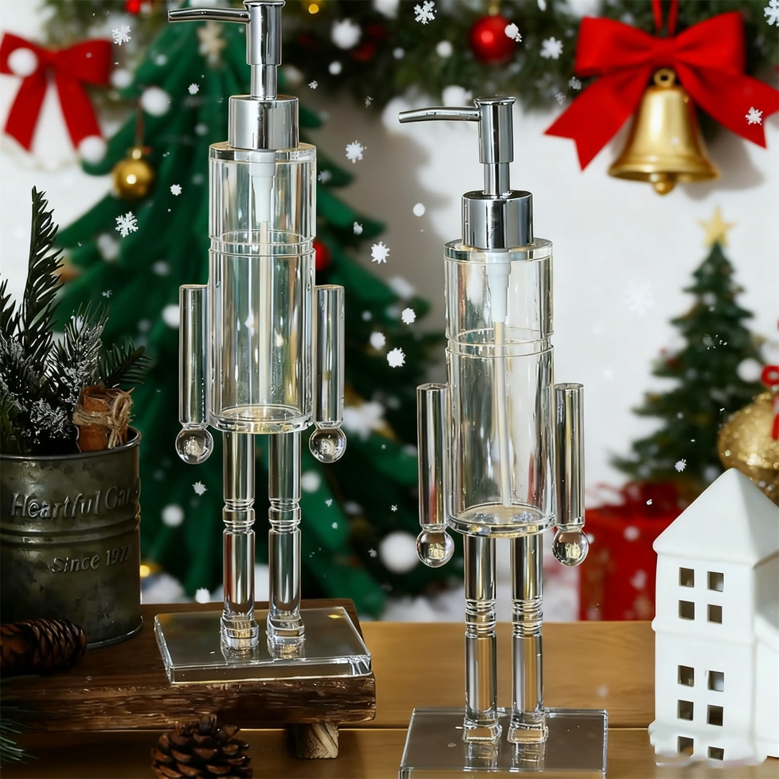 Nutcracker Soap Dispenser, Decorative Refillable Christmas Hand Soap Bottle, Transparent Acrylic Festive Wash Liquid Lotion Pump for Holiday Bathroom & Home Kitchen Accessories Decor Gifts 2PC