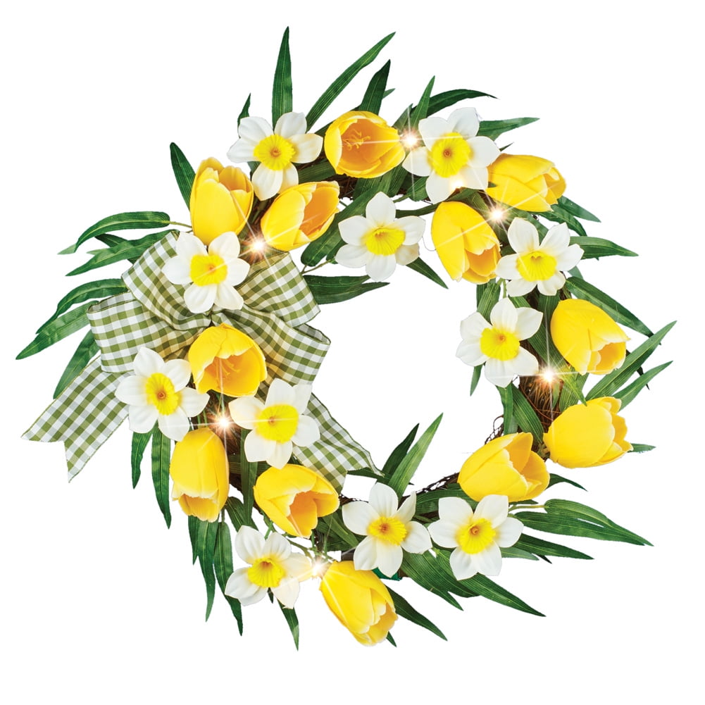 LED Lighted Yellow Tulips and White Daffodils Wreath - Pre Lit ...