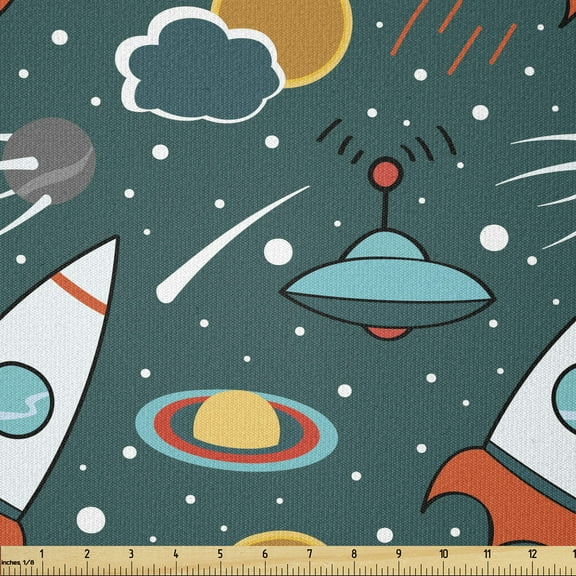 Spaceship Fabric by The Yard, Outer Space Cartoon with Dotted Backdrop Futuristic Themes Saturn Sun and Nebula, Stretch Knit Fabric for Clothing Sewing and Arts Crafts, 1 Yard, Multicolor, Ambesonne
