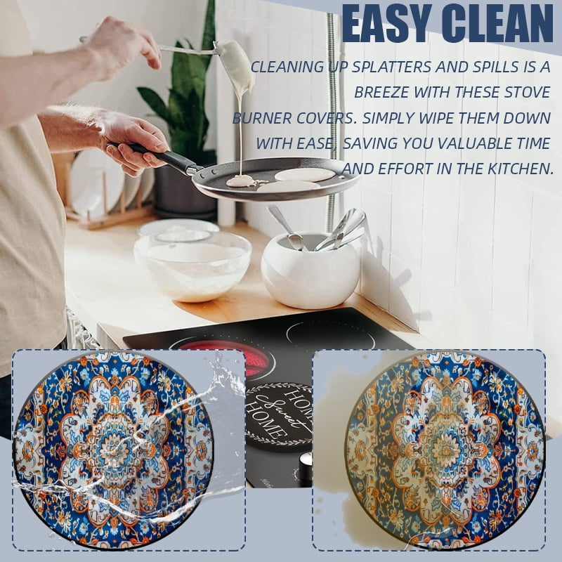 Round Burner Covers for Electric Stove, Vintage Bohemia Floral Pattern Metal Durable Stovetop Decor Gas Stove Burner Covers Set of 4 for Kitchen Accessories, 8 Inches and 10 Inches