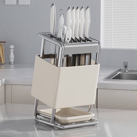 Stainless Steel Knife Block Organizer | 304 Steel Countertop or Wall Mount Multi-Slot Storage Rack | Drainage Ventilation | Fits Kitchen Cutlery, Fruit Knives | Black or White | 24.5x16x12cm
