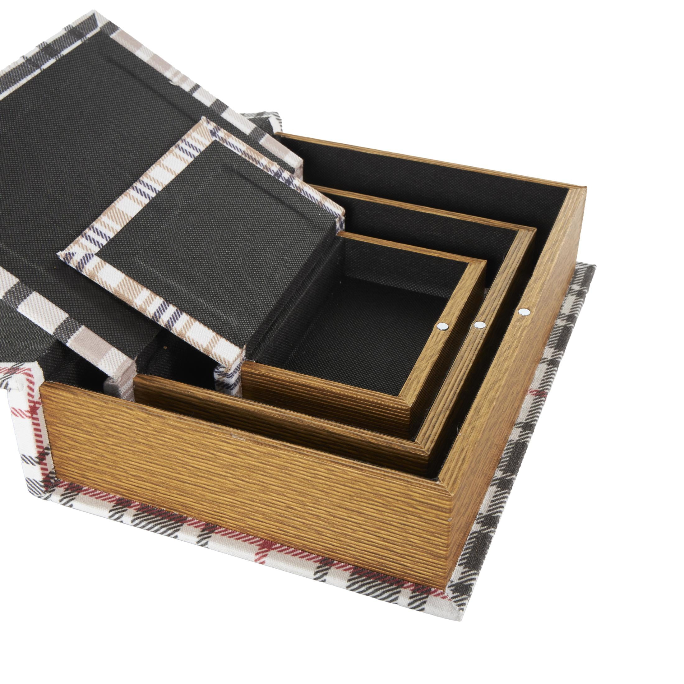 DecMode Geometric Plaid Faux Book Storage Multi Colored Canvas Decorative Box with Red and Purple Accents, 3 Count