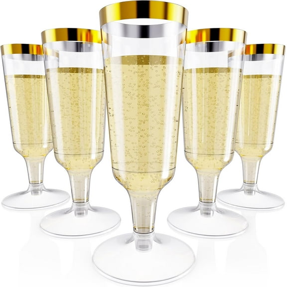 50 Pack Plastic Champagne Flutes Disposable 5 oz Gold Rim Plastic Champagne Glasses Perfect for Wedding, Thanksgiving Day, Christmas