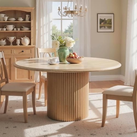 Round Dining Table, 47" Farmhouse Kitchen Table with Thickness Wooden Tabletop and Fluted Appearance Base, Modern Circle Dinner Table for 4, for Dining Room, Living Room, Natural Wood$$