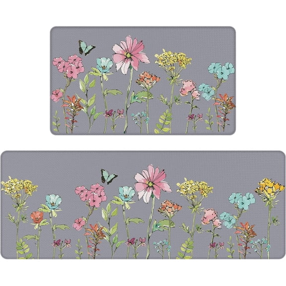 Colorful Flower Butterfly Kitchen Mats 2 Piece for Floor, Multi Colored Floral Kitchen Rugs Sets of 2, Non Slip Washable, 17"x47" 17"x29",Grey