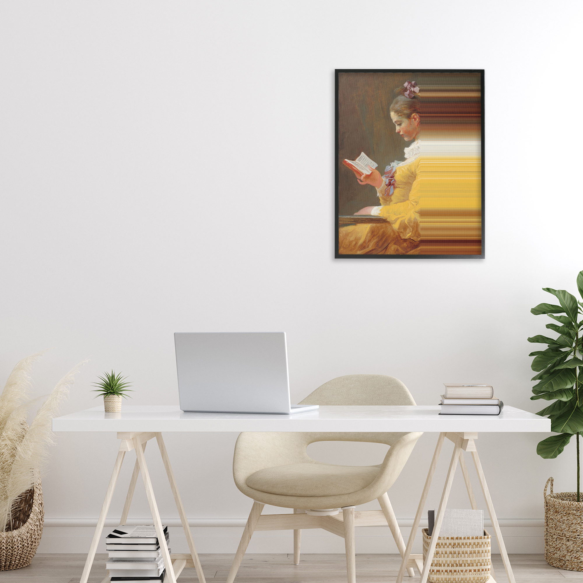 Vintage Lady Reading with Gradient Streaks Black Framed Giclee Art, design by Seven Trees Design