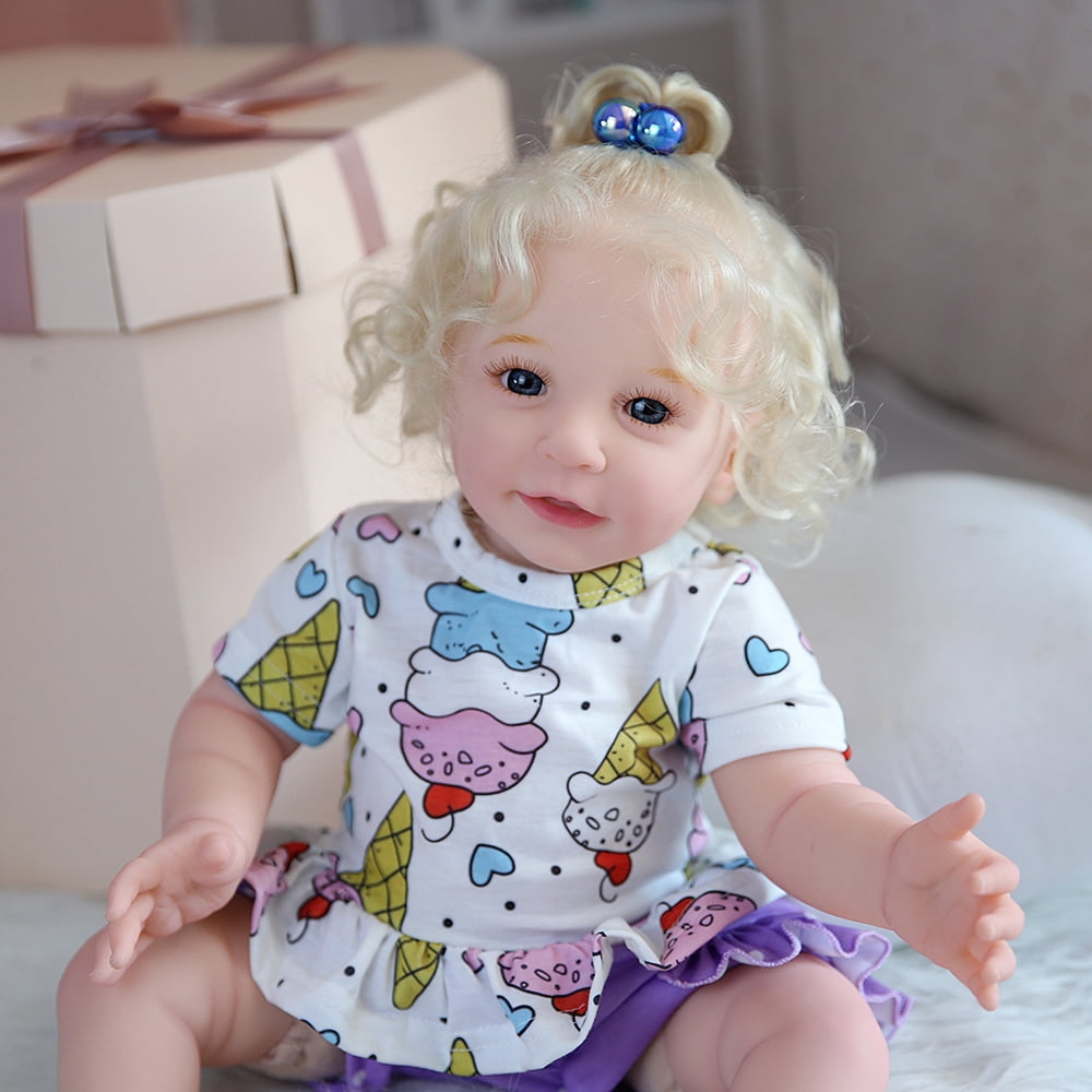 Reborn Baby Dolls 22'' Blond White Skin Soft Body Silicone Limbs Smiling Baby Dolls Christmas Birthday Gift Set for Toddlers