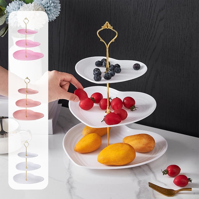 MTBLYS Heart Shape 3 Tier Dessert Stand Plastic Fruit Tray 14.96X10.24X9.45 Inch Candy Plate Snack Serving Party Home Kitchen Use