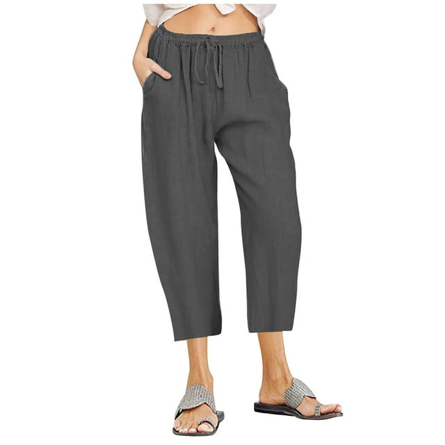 DeHolifer Women's Capri Pants with Pockets Cotton Linen Workout Out Leggings Stretch Waist Pocket Yoga Gym Cropped Trousers Dark Gray XXL