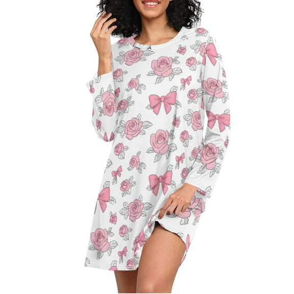joogoo Roses Bows Women's Long Sleeve Nightgown Sleepwear L