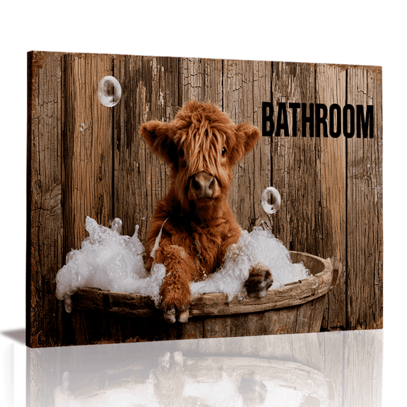 Topbout Art Funny Bathroom Highland Cow Canvas Wall Art, Rustic Wood Sign Baby Cow in Tub Pictures for Restroom, Ready to Hang 12*8 inch