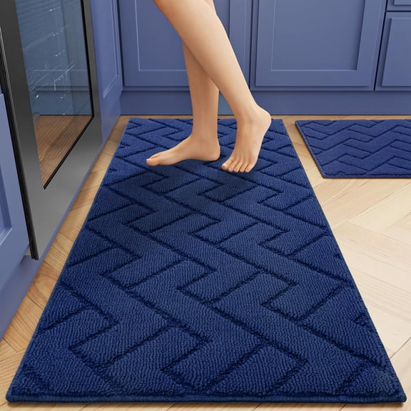 Non slip kitchen rugs and mats, 2 piece polypropylene floor mat set, super absorbent washable rug for kitchen hallway laundry room, navy blue