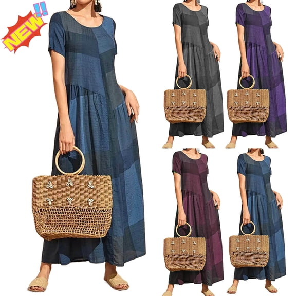 YABCSAZ Women's Maxi Dress Casual Short Sleeve V Neck Sundress Flowy Summer Beach Vacation Sun Dresses Loose Fit Plus Size A-Line Dress for Women