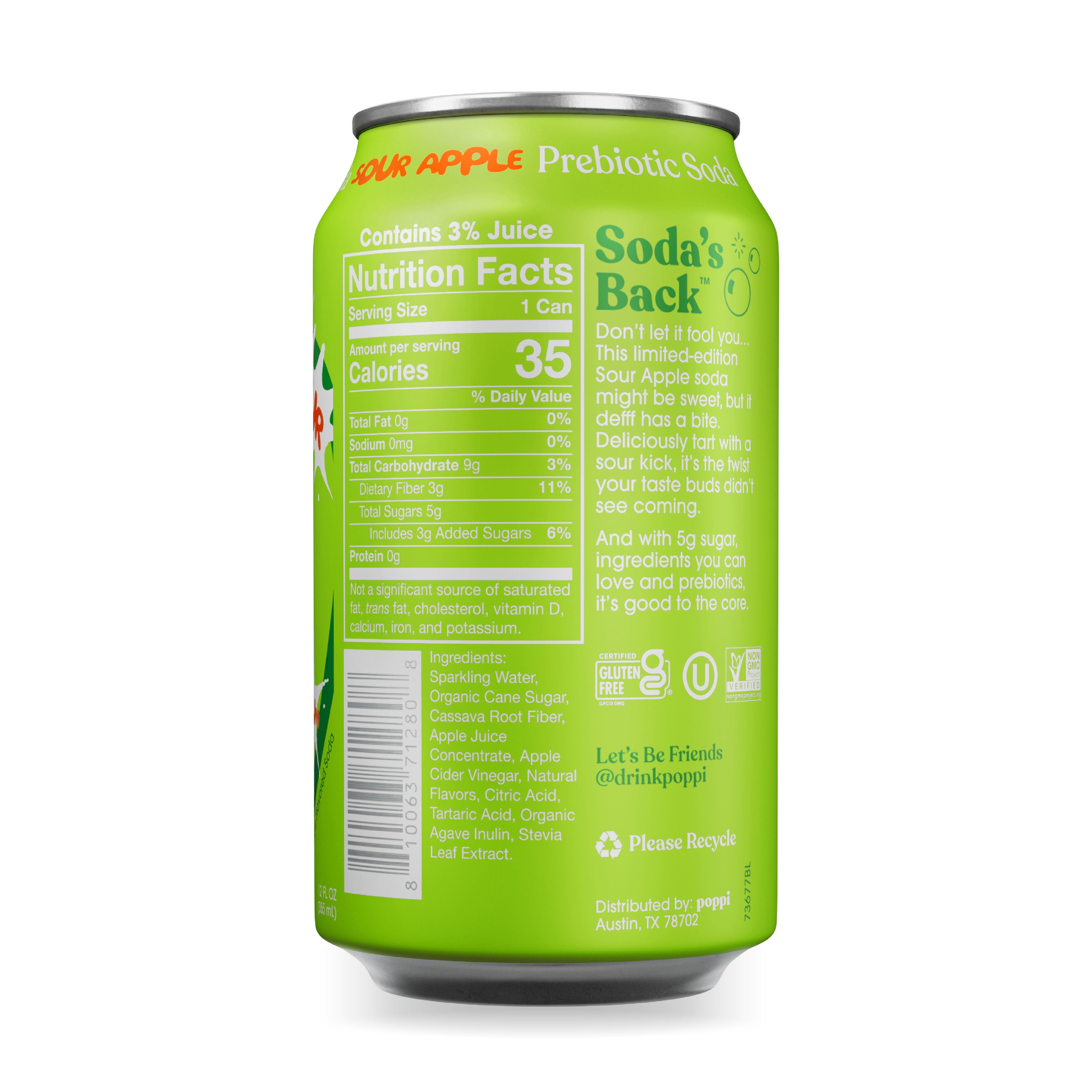 Poppi Sour Apple Prebiotic Soda, 12 oz, 12 Pack Cans