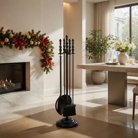 Spaco 5-Piece Black Metal Fireplace Tool Set with Heat-Resistant Poker, Tongs, Shovel, Brush & Sturdy Round Stand for Wood and Gas Fireplaces