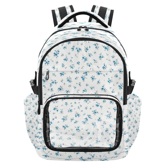 Qxltty Blue Ditsy Print Backpack School Bookbag with Clear PVC Front Pocket, Laptop Compartment, Water Resistant Travel Daypack for Students