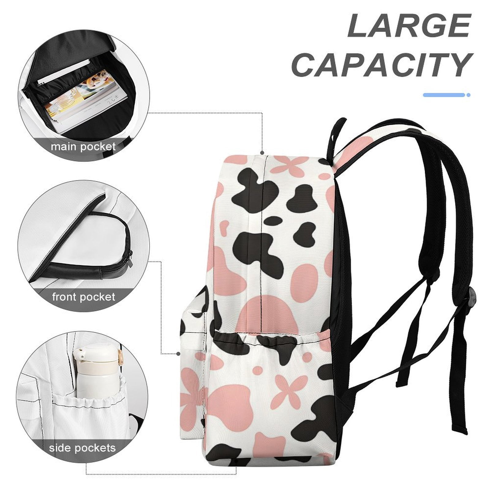 Large Capacity Half Print Backpack 11.8×16.5×5.9in Multifunctional Zipper Design Convenient Switch Simple Cow-print Pattern_3