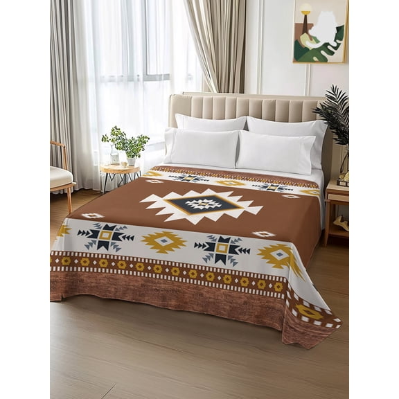 King Size Flat Sheet Only, Tribal Totem Boho Stripe Soft Top Bed Sheets Breathable Bedding Sheet Vintage Brown Plank Ethnic Style Microfiber Hotel Luxury Top Sheets