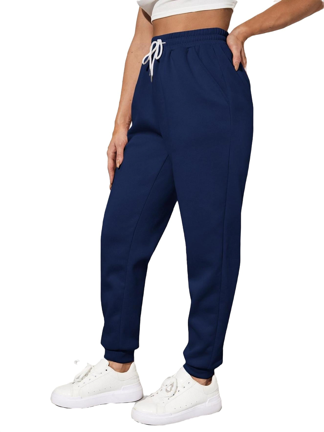 Womens Casual Pants Drawstring Waist Solid Joggers Navy Blue S
