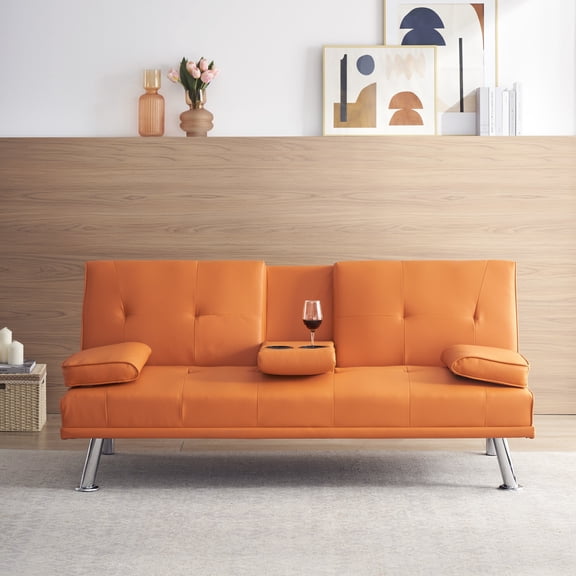 67 Inch Orange Leather Sofa Bed with Coffee Table, Multifunctional Convertible Sleeper for Small Spaces, Double Fold Design, Adjustable Backrest