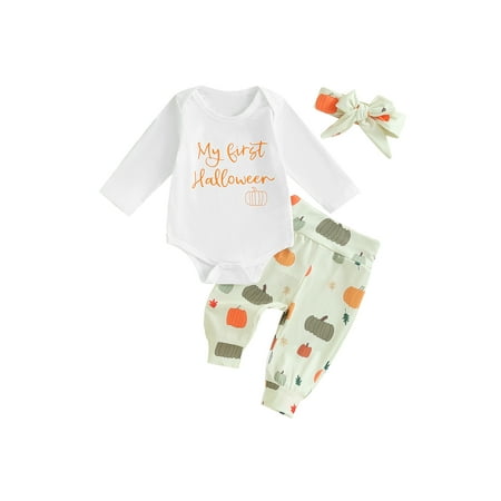

Inevnen Baby Girls 3 Piece Outfit Halloween Letter Print Romper + Pumpkin Pants Headband