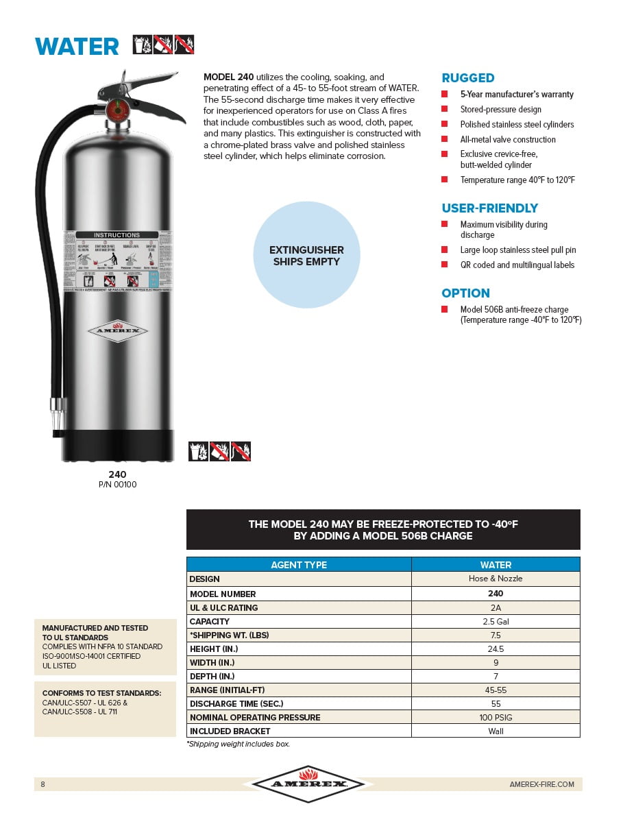 Amerex 240, 2.5 Gallon Water Class A Fire Extinguisher - 3 Pack