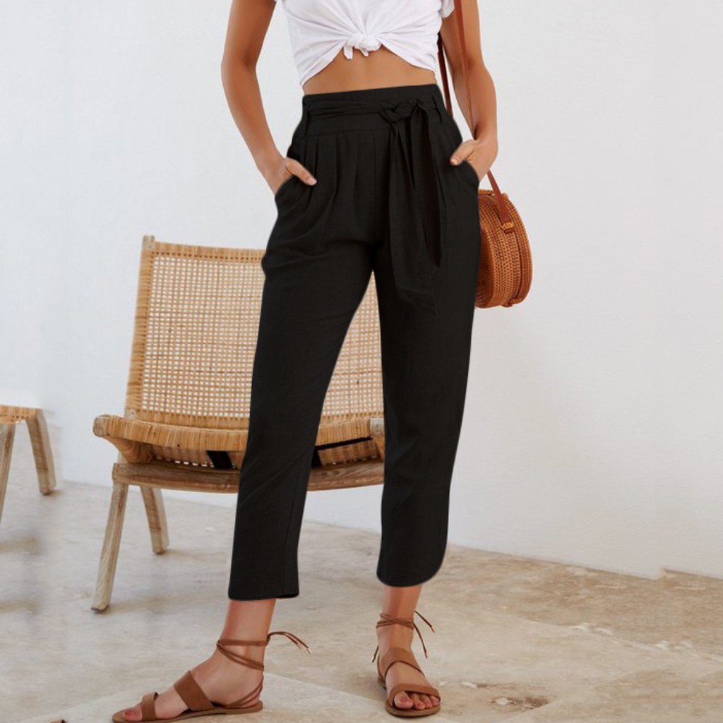 Pants Clearance Womens Ankle Length Pants Cotton High Waist Solid Color