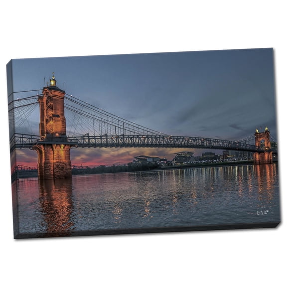 Gango Home Decor Traditional Suspension Bridge at Dusk by Donnie Quillen (Ready to Hang); One 18x12in Hand-Stretched Canvas