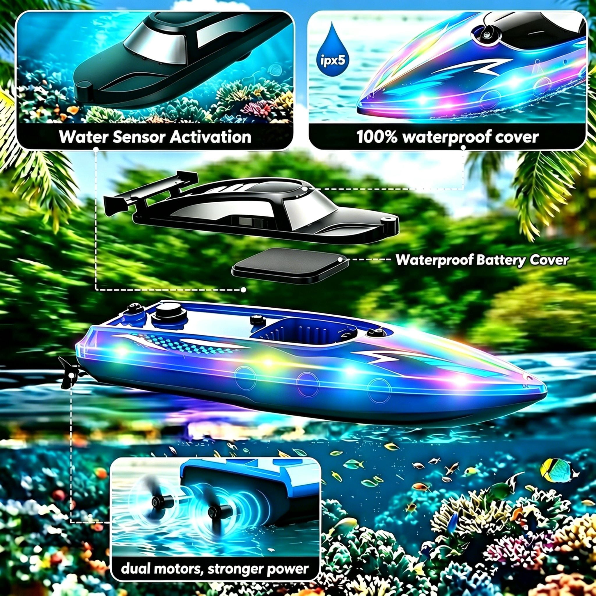 Tigozz RC Boat with LED Lights for Adults and Kids, 2.4GHz Fast Remote Control Speedboat for Lakes and Pools, Motorized High Speed Water Toys, Blue