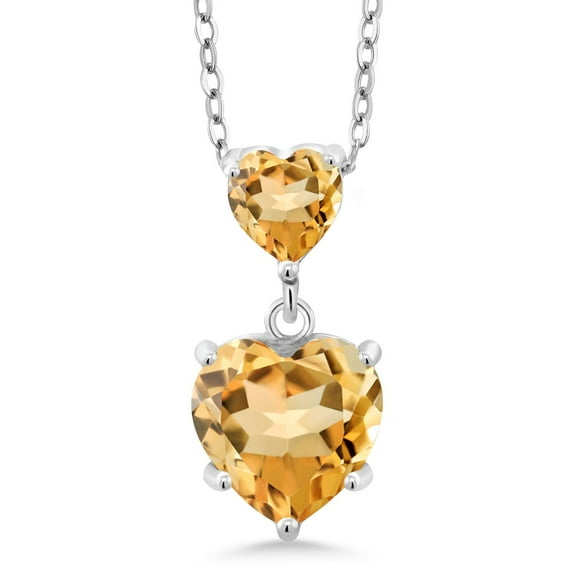 Gem Stone King 925 Sterling Silver Yellow Citrine Double Heart Pendant Necklace for Women (2.06 Cttw, Heart 8MM and 5MM, with 18 inch Silver Chain)