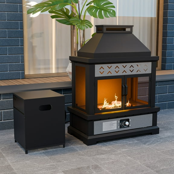 COOS BAY 50000 BTU Outdoor Propane Gas Fireplace with Tank Table, Rectangle Steel Fire Pit, PVC Cover & Ceramic Logs