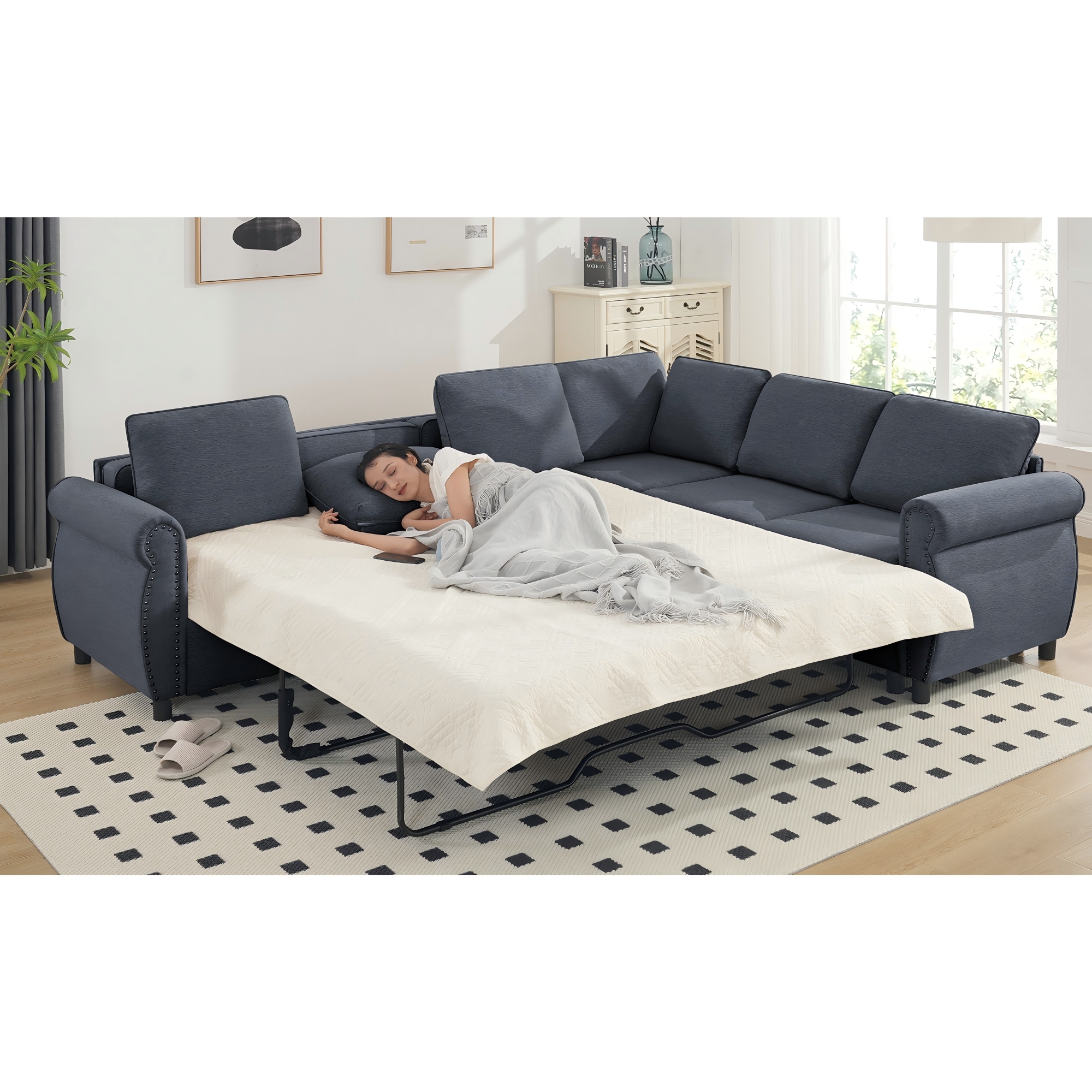 LLappuil Sectional Sofa, Pull Out Sofa Bed Queen Size, 6 Seat Sofa Couch Convertible Sleeper Sofa Bed for Living Room Gray