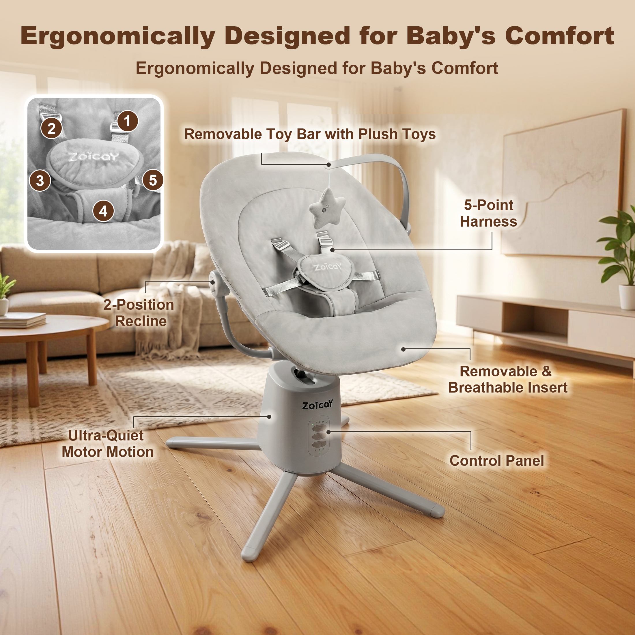 Zoicay Baby Swing with App Control, Gray photo 8
