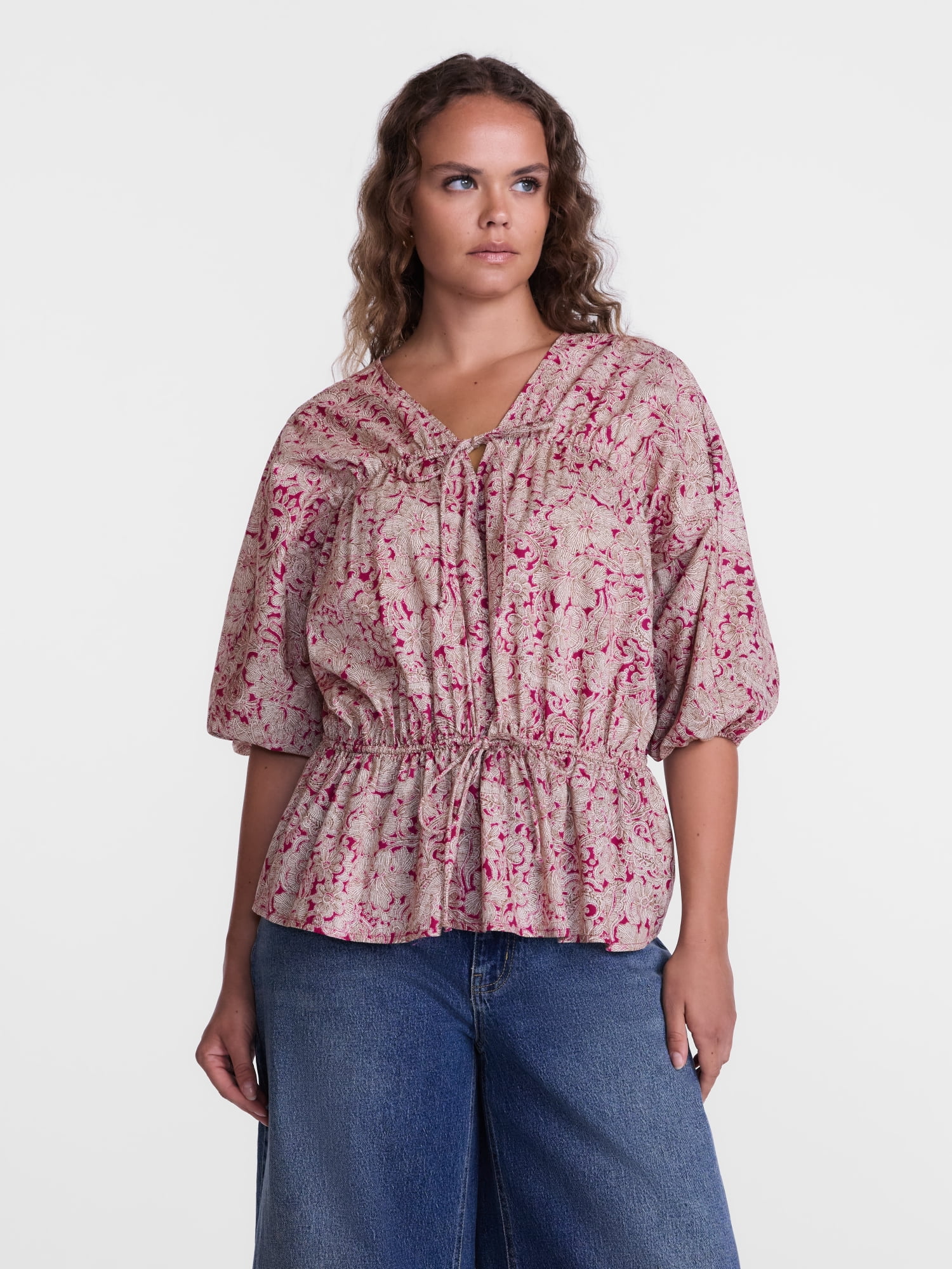 Scenario Women's Front Tie Peplum Top with 3/4-Length Sleeves, Size XS-XXXL