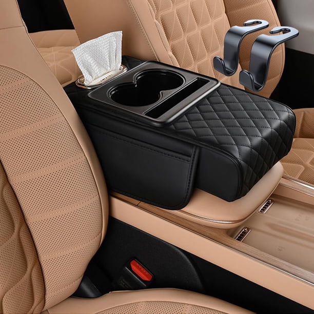 Genérico Multifunctional PU Leather Car Armrest Box Mat, Car Armrest Cushion, Center Console Cover with 2 Cup Holder, Tissue Box Slot for Most Cars (Black)
