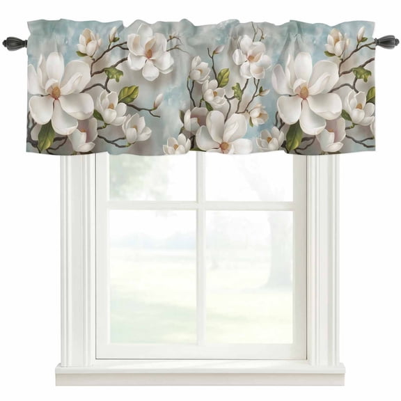 Magnolia Window Valance Curtain Farmhouse White Flowers Rod Pocket Valance for Windows Short Curtain for Living Room, Bedroom & Kitchen Window Decor 42x12in