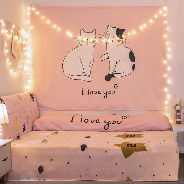 (130x150cm) Tapiz de pared de gato rosa de anime japonés, colgante de pared para decoración de dormitorio de niñas adolescentes, decoración de anime, decoración kawaii, revestimiento de paredes, alfom