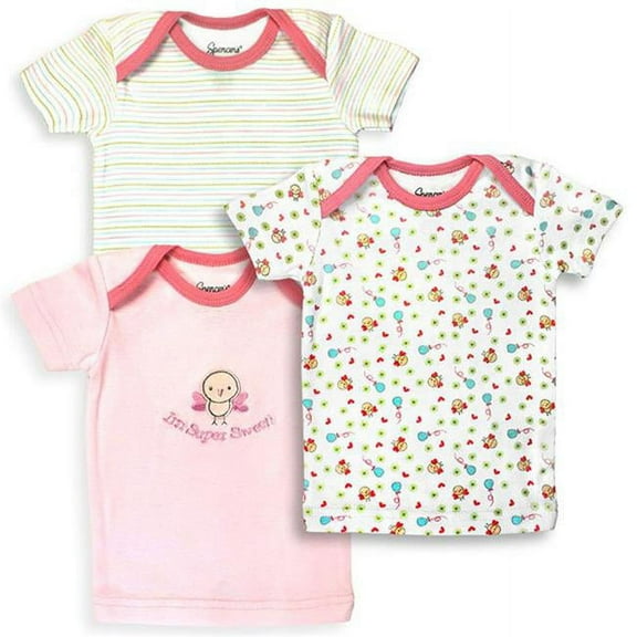 152G-3-3 3 Piece Pink & White Girls T Shirt Set, Birdies & Stripe Prints - 0-3 Months