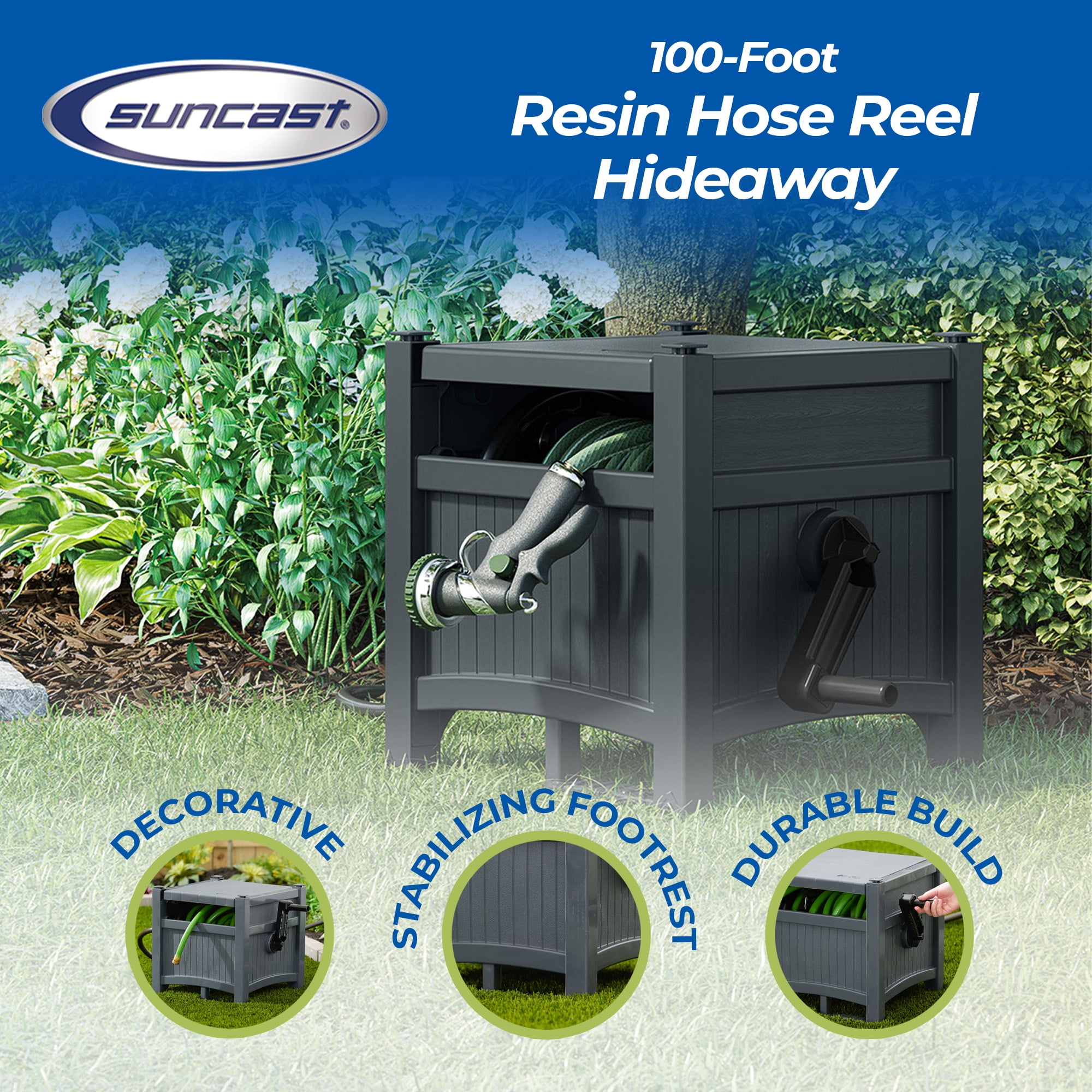Suncast 100' Resin Garden Hose Reel & Hideaway Outdoor 33 Gal Garbage Bin, Cyberspace
