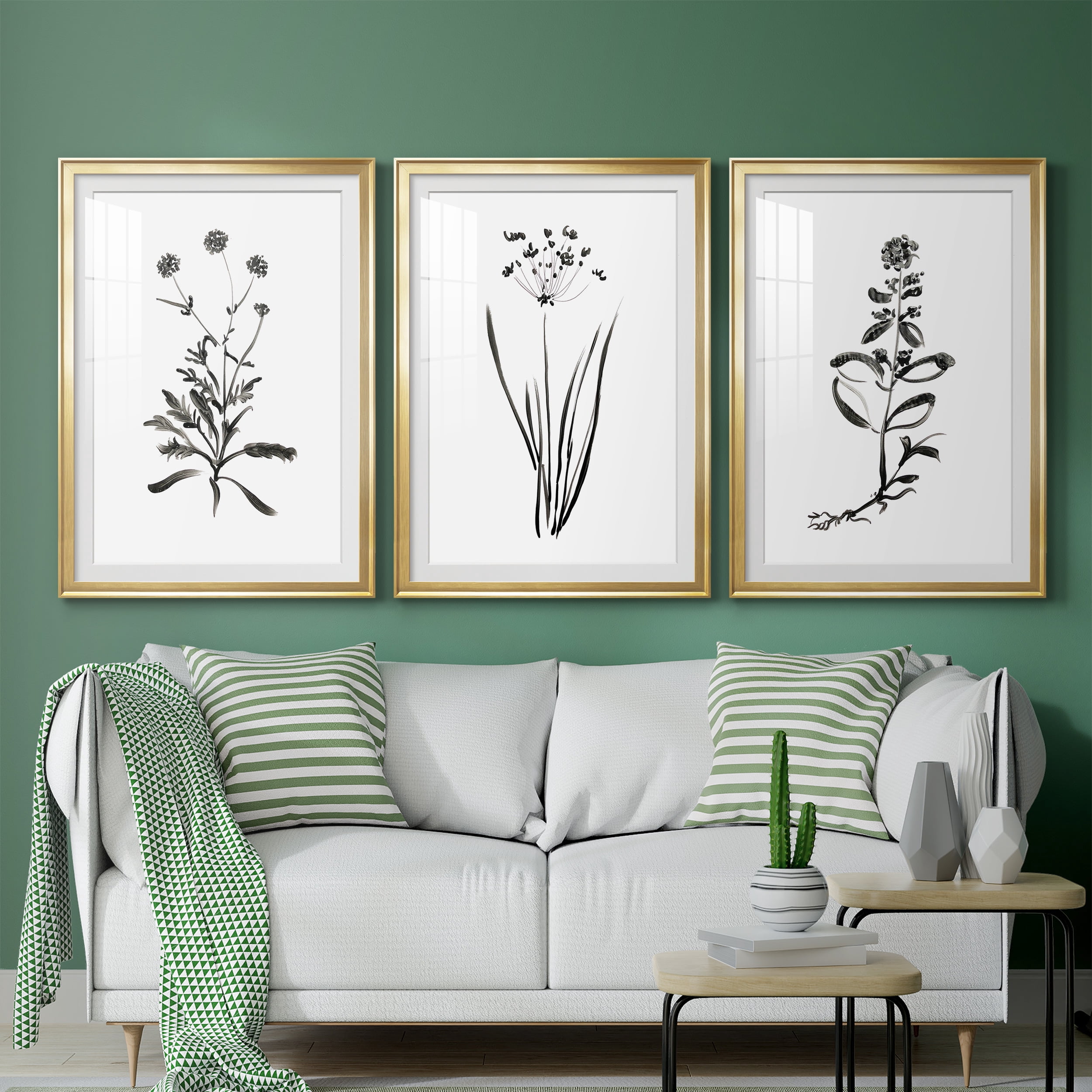 Inky Botanical I Premium Framed Prints Set of 3 - Ready to Hang - 26.5 x 36.5 Each - Gold Frame