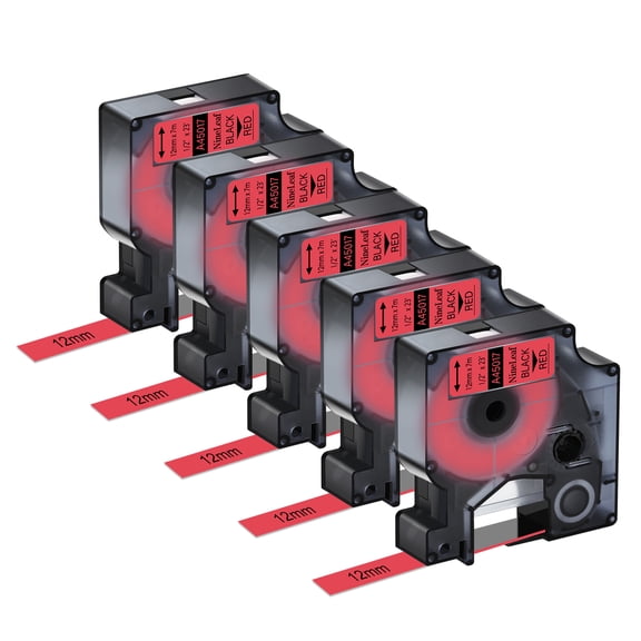 NineLeaf 5PK Compatible for DYMO D1 45017 1/2" x 23' (12mm x 7m) Black on Red Label Maker Tape for Label Manager 100 120P 160 210D