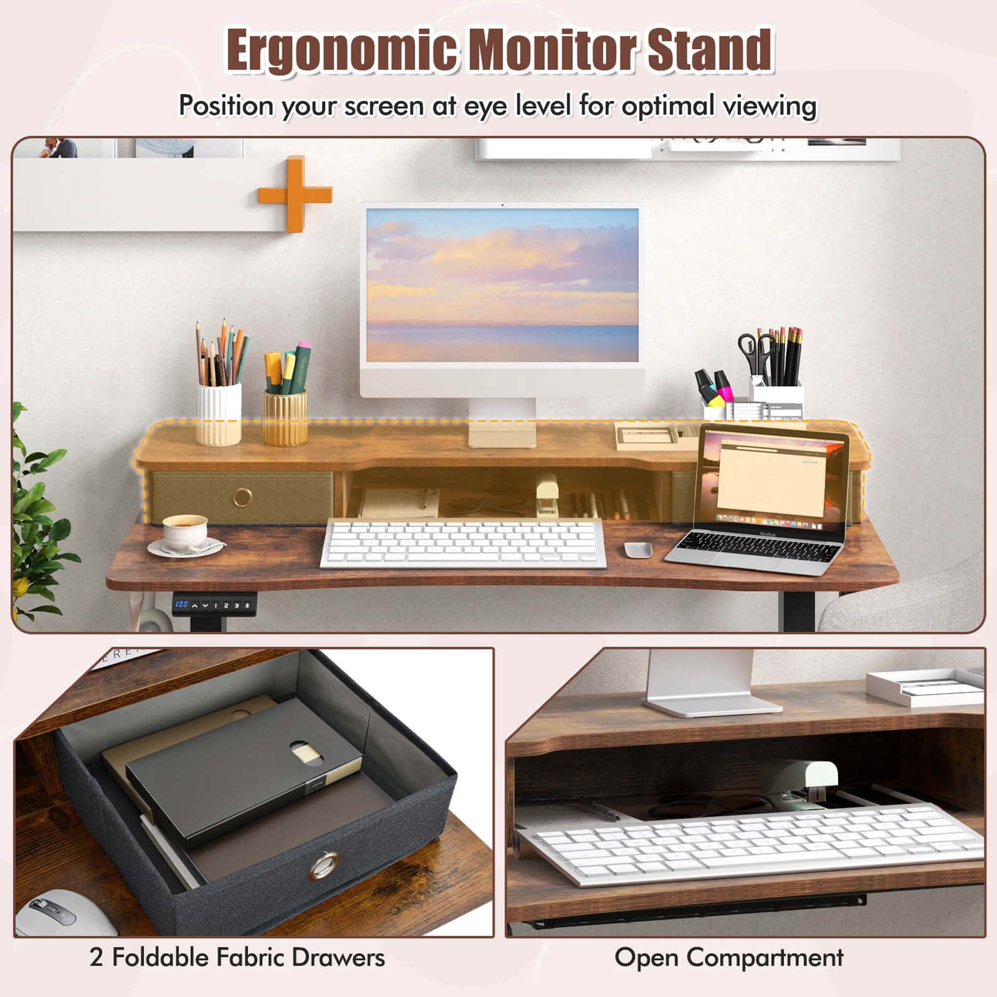 Costway 48"x 24" Electric Standing Desk with 2 Drawers Monitor Stand Storage Shelf Brown