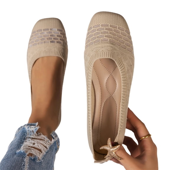HTHLVMD Knitted Mesh Square Toe Flats, Breathable Slip-On Shoes, Stretch Knit Comfort Flats, Women's Casual Flat Shoes Breathable Knit Slip On Comfortable Ballet for Daily Wear Spring Summer, Beige 6