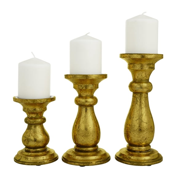DecMode 3 Candle Brass Mango Wood Turned Style Pillar Candle Holder, Set of 3
