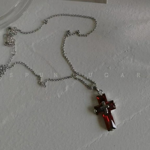 ‌Garnet Cross Pendant Necklace Zircon Accent Adjustable Chain Religious Jewelry Unisex Gift‌