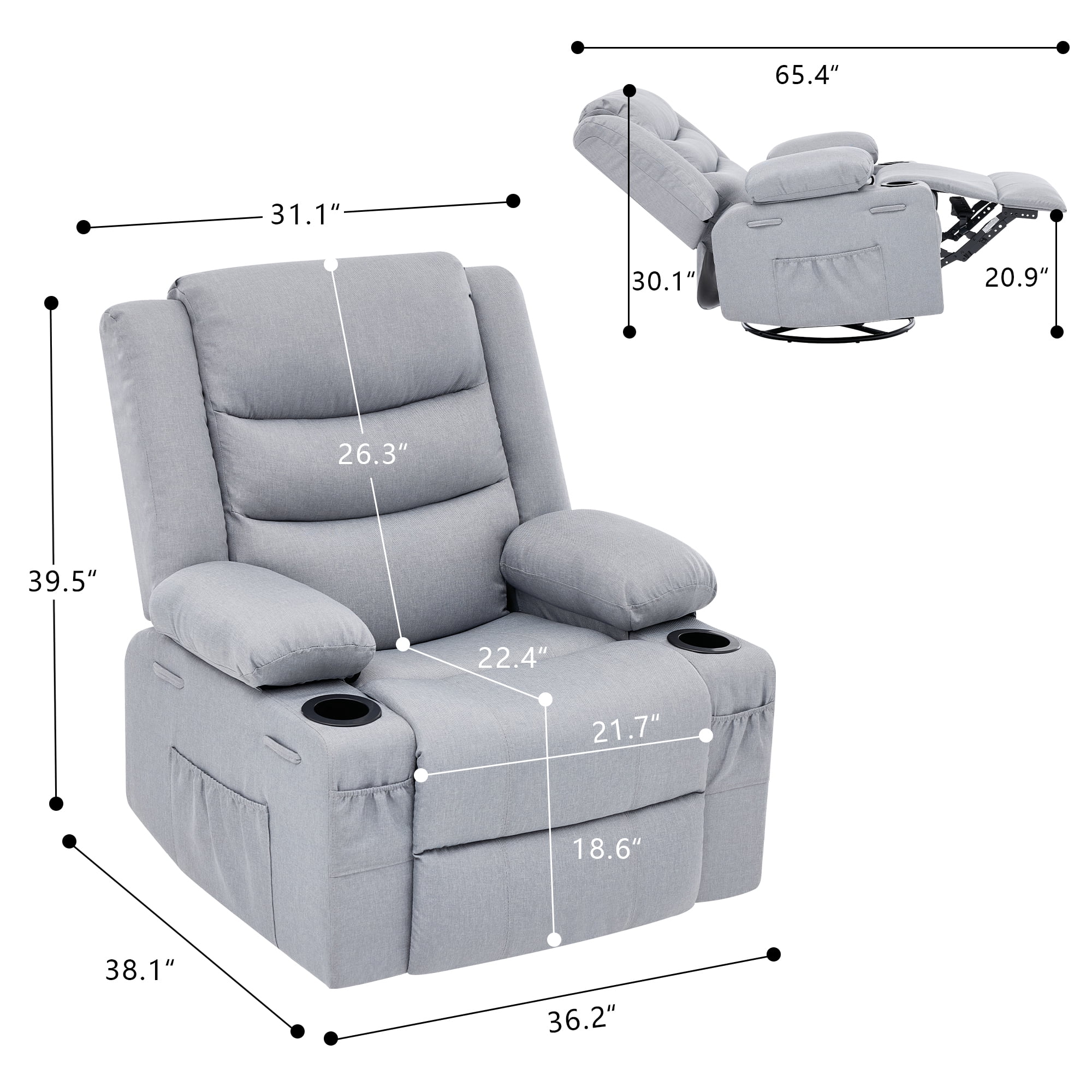 GAOHAPY Rocker Recliner Chair,360° Swivel Recliner Chair for Adults,Oversized Single Sofa Seat with Cup Holders,Recliner Single Sofa with Side Pocket(Grey)