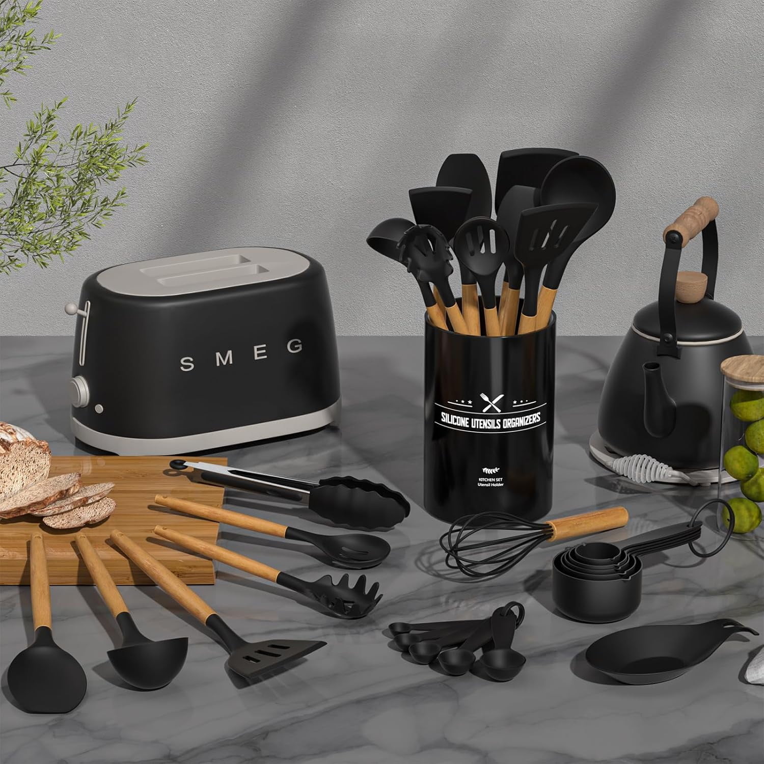 Kitchen Cooking Utensils Set, 33 pcs Non-stick Silicone Cooking Kitchen Utensils Spatula Set with Holder, Wooden Handle Silicone Kitchen Gadgets Utensil Set (Black)
